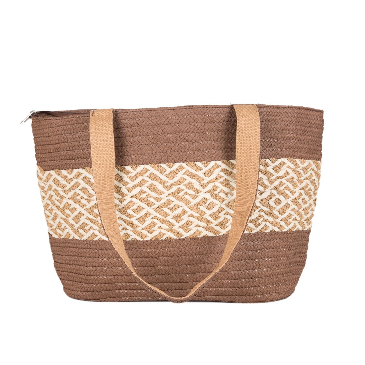 Plaj Çantası, Hasır Örme Desenli, Kahverengi - Omuz Askılı Krem Renk, Kumaş İçli, 48 x 29 cm