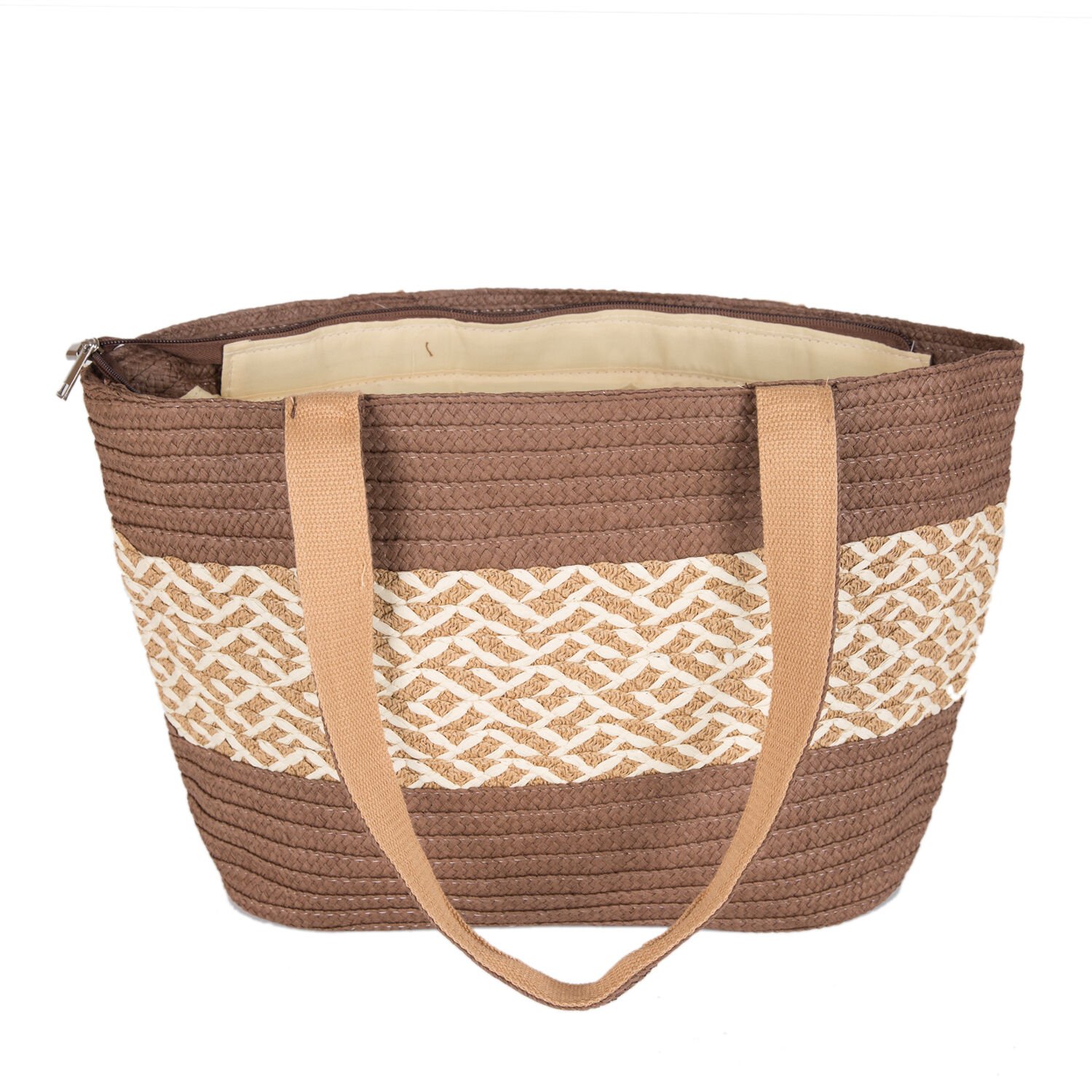 Plaj Çantası, Hasır Örme Desenli, Kahverengi - Omuz Askılı Krem Renk, Kumaş İçli, 48 x 29 cm