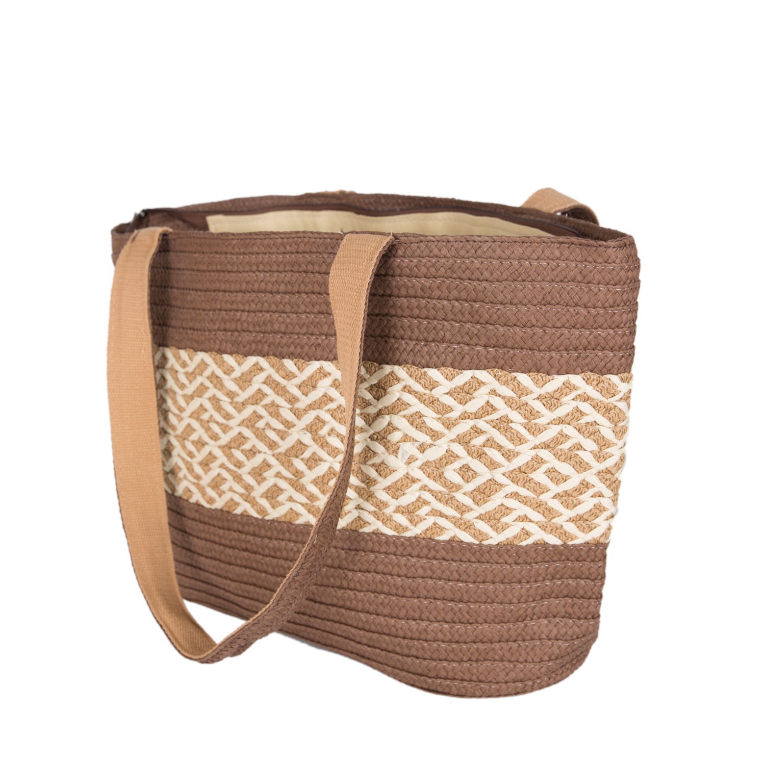 Plaj Çantası, Hasır Örme Desenli, Kahverengi - Omuz Askılı Krem Renk, Kumaş İçli, 48 x 29 cm