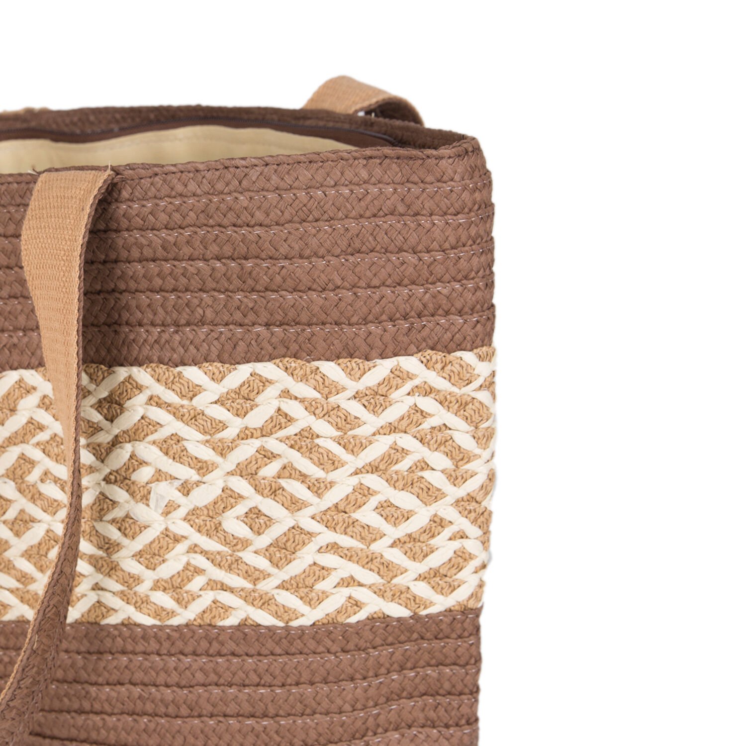 Plaj Çantası, Hasır Örme Desenli, Kahverengi - Omuz Askılı Krem Renk, Kumaş İçli, 48 x 29 cm