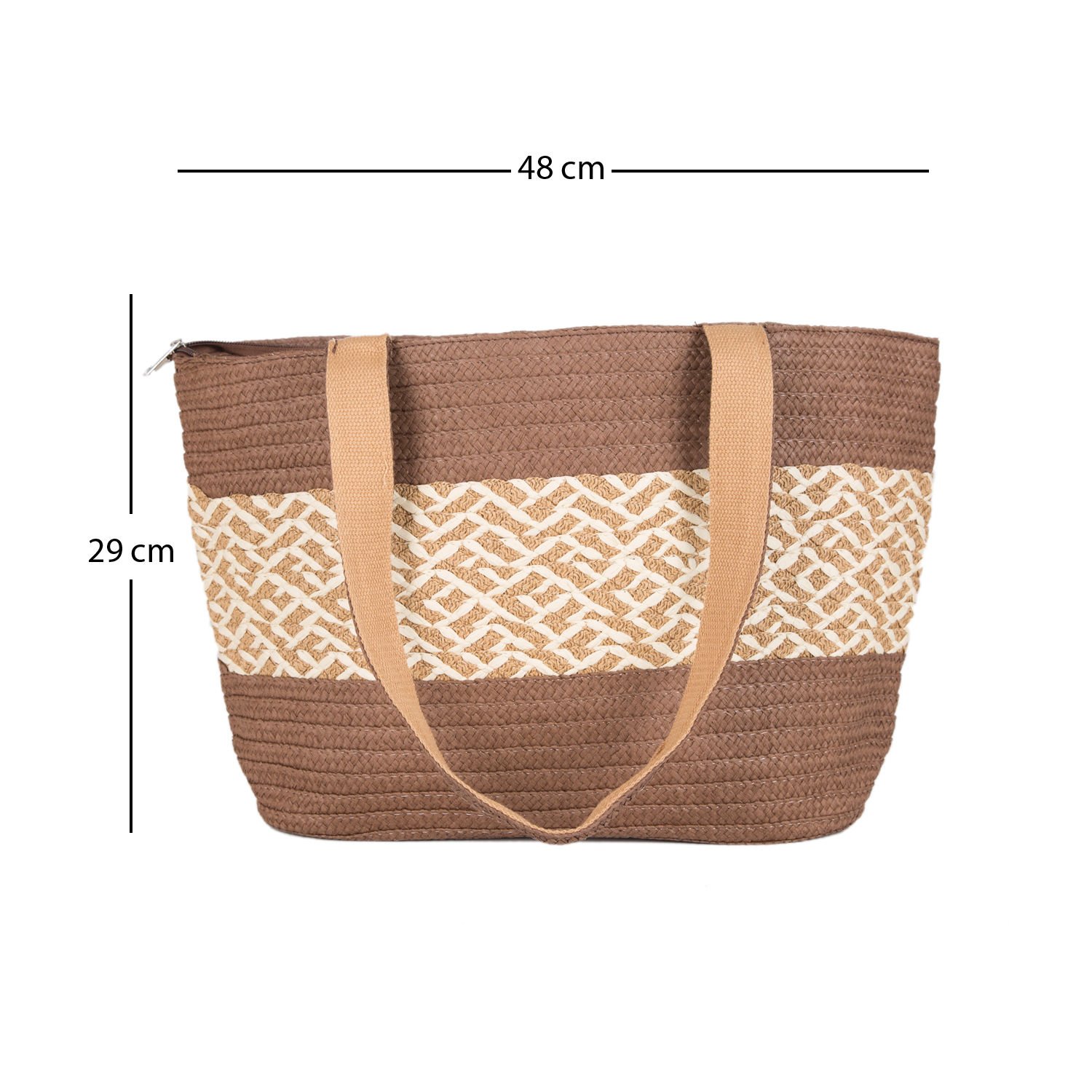 Plaj Çantası, Hasır Örme Desenli, Kahverengi - Omuz Askılı Krem Renk, Kumaş İçli, 48 x 29 cm