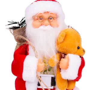 Yılbaşı Noel Baba Işıklı Hareketli Ve Müzikli Peluş Ayı Figürlü Kırmızı 30 Cm.