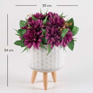 Beton Saksıda Yapay Çiçek Aranjmanı Mor Krizantem Yıldız Desenli Beyaz 20 x 24 Cm.