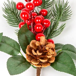 Yılbaşı Çiçeği Pike Berry Kozalak Dekorlu Kırmızı-Yeşil 28 Cm.