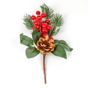 Yılbaşı Çiçeği Pike Berry Kozalak Dekorlu Kırmızı-Yeşil 28 Cm.