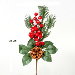 Yılbaşı Çiçeği Pike Berry Kozalak Dekorlu Kırmızı-Yeşil 28 Cm.