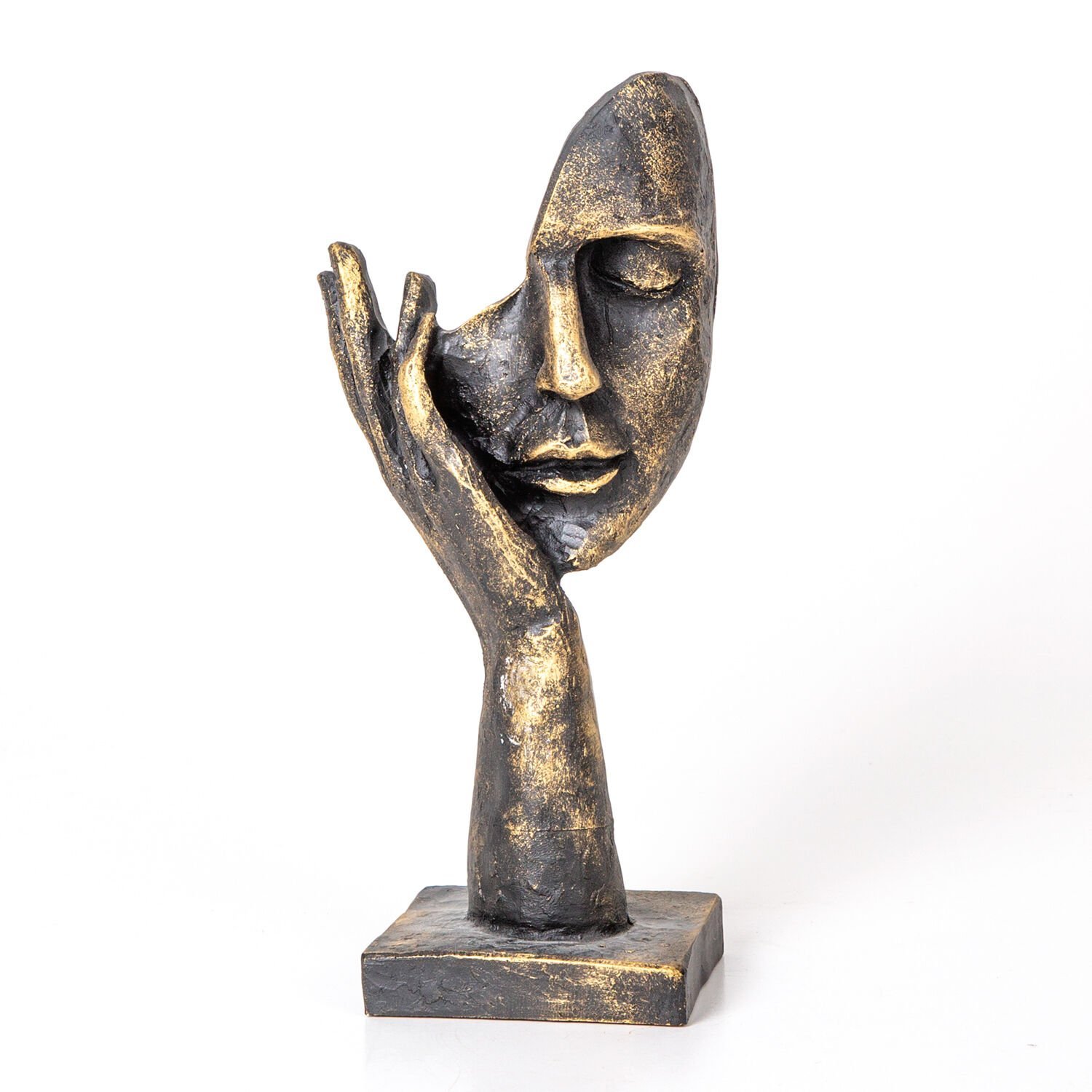 Dekoratif Polyester Eli Çenesinde İnsan Yüzü Biblo Bronz Renk ( Ebat 11x24x7,5 Cm.)