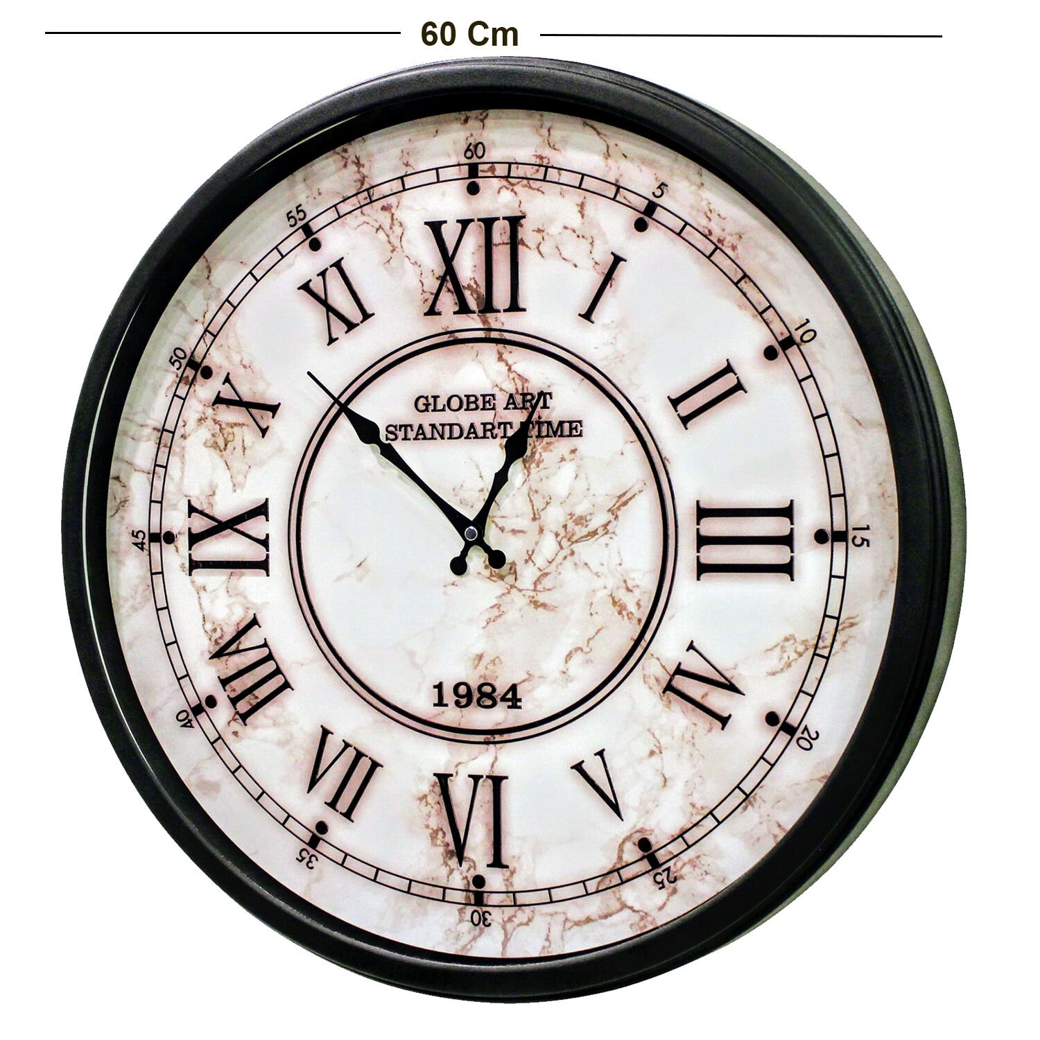 Duvar Saati, Roma Rakamlı, Beyaz Mermer Desenli, Altın Renk - 60 cm