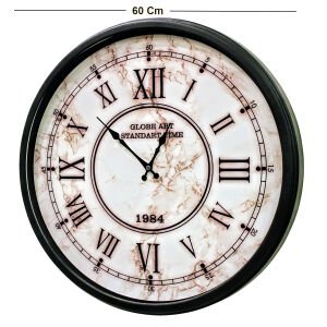 Beyaz Mermer Desenli Roma Rakamlı Duvar Saati Altın Renk 60 Cm.