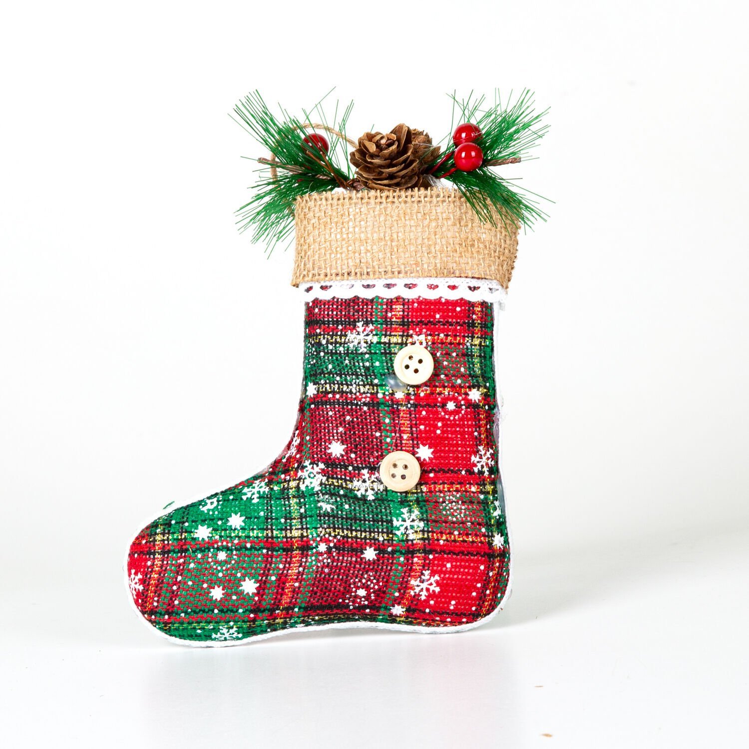 Yılbaşı Çorap, Ekose Desenli, Dekorlu, Berry'li, Kırmızı-Yeşil - 12.5x18 cm