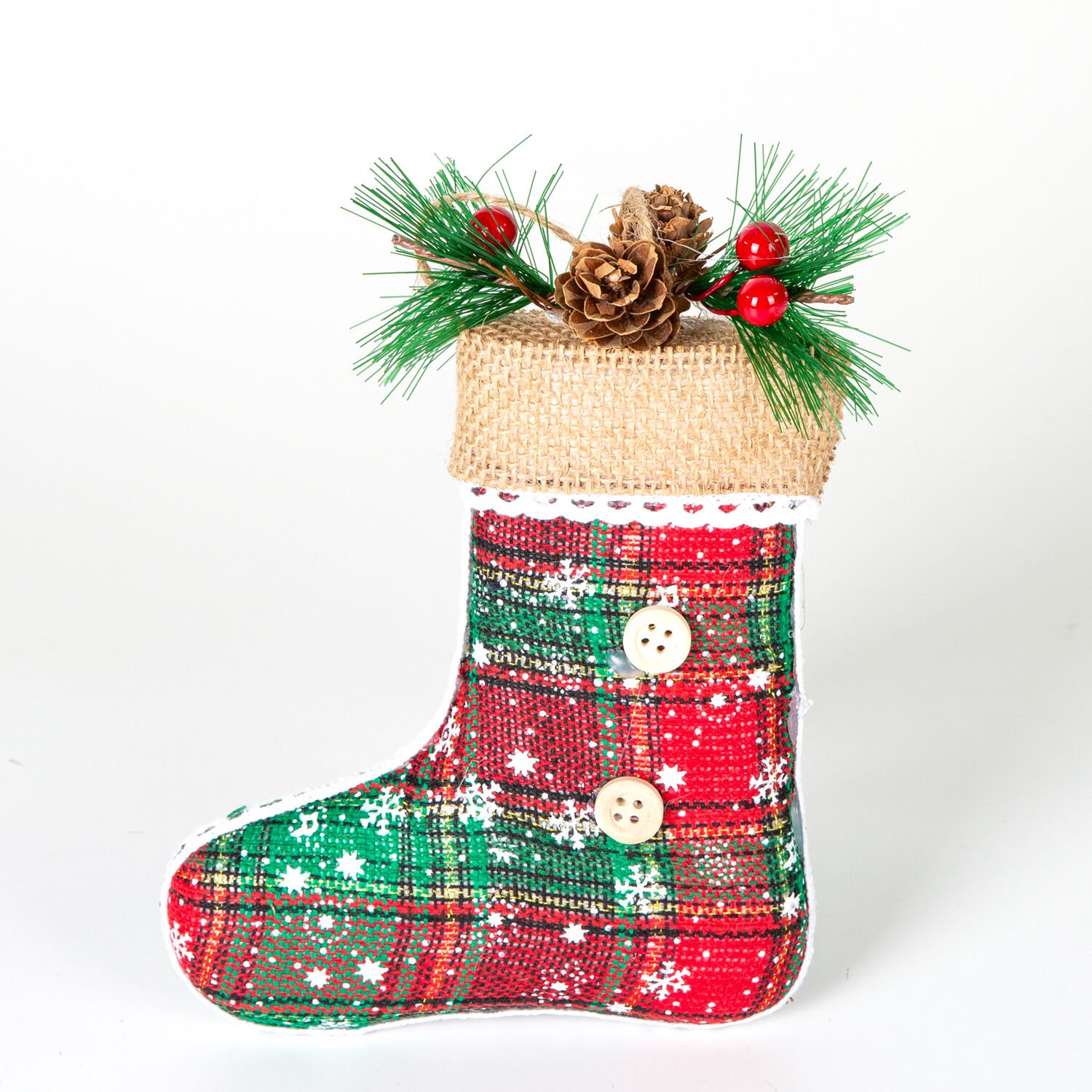 Yılbaşı Çorap, Ekose Desenli, Dekorlu, Berry'li, Kırmızı-Yeşil - 12.5x18 cm