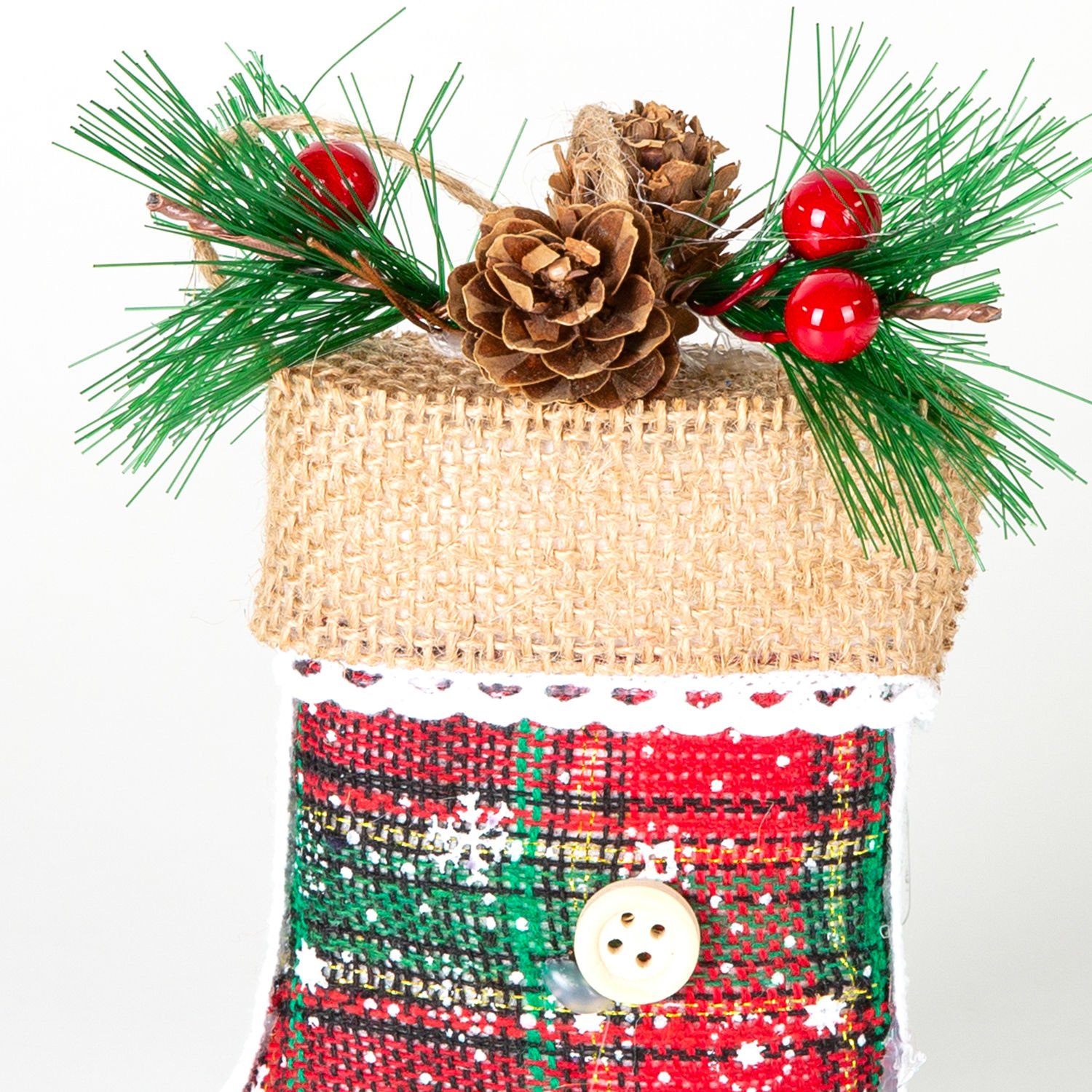 Yılbaşı Çorap, Ekose Desenli, Dekorlu, Berry'li, Kırmızı-Yeşil - 12.5x18 cm