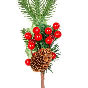 Yılbaşı Çiçeği Pike Berry Kozalak Dekorlu Kırmızı-Yeşil 30 Cm.