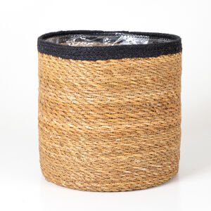 Siyah Kuşaklı Naylon İçli Yuvarlak Hasır Sepet  Natural-Siyah ( Ebat 20x22x20 Cm.)