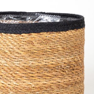 Siyah Kuşaklı Naylon İçli Yuvarlak Hasır Sepet  Natural-Siyah ( Ebat 20x22x20 Cm.)