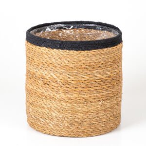 Siyah Kuşaklı Naylon İçli Yuvarlak Hasır Sepet  Natural-Siyah ( Ebat 20x22x20 Cm.)