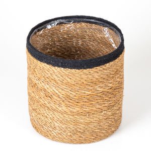 Siyah Kuşaklı Naylon İçli Yuvarlak Hasır Sepet  Natural-Siyah ( Ebat 20x22x20 Cm.)
