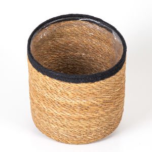 Siyah Kuşaklı Naylon İçli Yuvarlak Hasır Sepet  Natural-Siyah ( Ebat 20x22x20 Cm.)