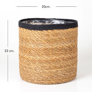 Siyah Kuşaklı Naylon İçli Yuvarlak Hasır Sepet  Natural-Siyah ( Ebat 20x22x20 Cm.)