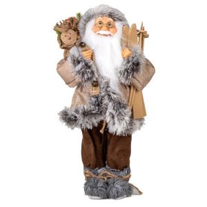 Yılbaşı Kahverengi Pantolonlu Kayak Takımı Taşıyan Noel Baba 45 Cm.