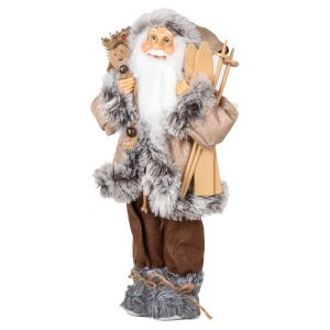 Yılbaşı Kahverengi Pantolonlu Kayak Takımı Taşıyan Noel Baba 45 Cm.
