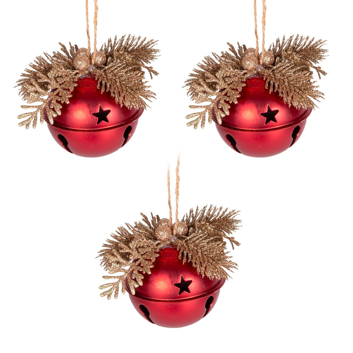 Yılbaşı Ağaç Süsü Çıngıraklı Yılbaşı Topu 3'lü Set Kırmızı-Gold 8 Cm.
