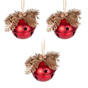 Yılbaşı Ağaç Süsü Çıngıraklı Yılbaşı Topu 3'lü Set Kırmızı-Gold 8 Cm.