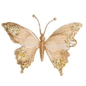 Kelebek Figürü, Simli, Şampanya - Beyaz İnci Detaylı, Kıskaçlı, 24x9 cm