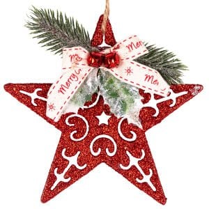 Yılbaşı Süsü, Yıldız, Yılbaşı Dekorlu, Simli, Kırmızı - 10x13 cm