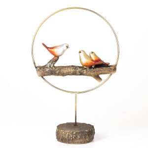 Metal Daire İçinde Üç Kuş Biblo Sarı-Bordo ( Ebat 25x38x11 Cm.)