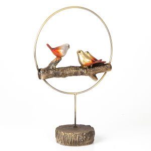 Metal Daire İçinde Üç Kuş Biblo Sarı-Bordo ( Ebat 25x38x11 Cm.)