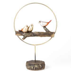 Metal Daire İçinde Üç Kuş Biblo Sarı-Bordo ( Ebat 25x38x11 Cm.)