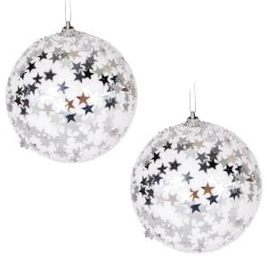 Yılbaşı Topu, Gümüş Yıldızlı, Beyaz - 2'li Paket, 10 cm
