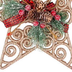 Yılbaşı Ağaç Süsü Yılbaşı Dekorlu Desenli Simli Yıldız Gold 22 Cm.