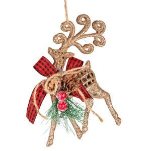 Yılbaşı Süsü, Geyik, Ekose Desenli, Kurdelalı, Simli, Gold - 8x15 cm