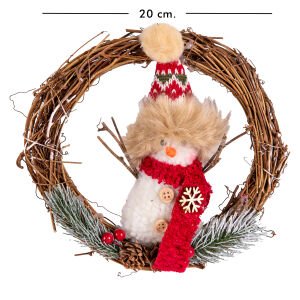 Yılbaşı Süsü Çelenk Kardan Adam Figürlü Yeşil-Kırmızı 20x20 Cm.