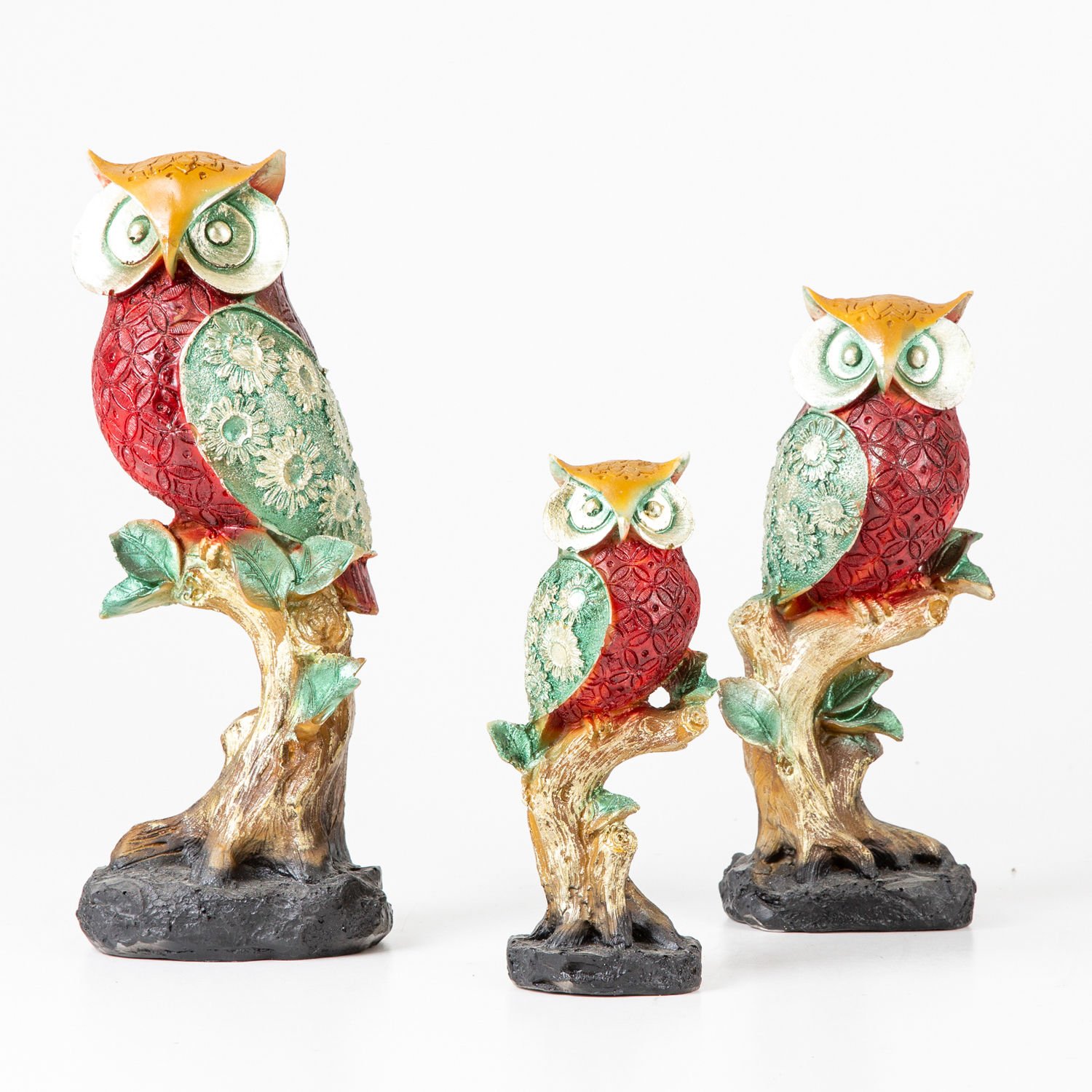 Dekoratif Biblo, Ağaçta Baykuş, Yeşil-Bordo - Üçlü Set