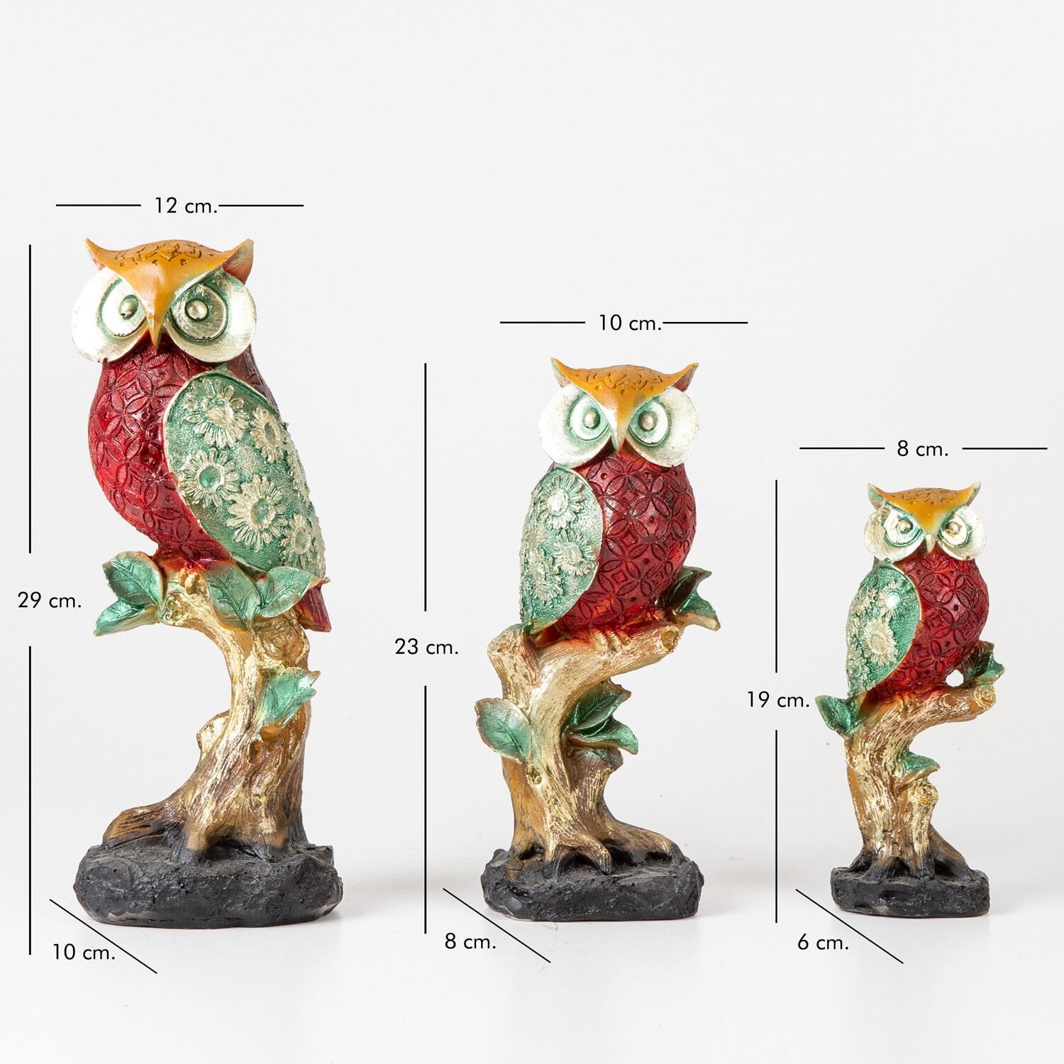 Dekoratif Biblo, Ağaçta Baykuş, Yeşil-Bordo - Üçlü Set