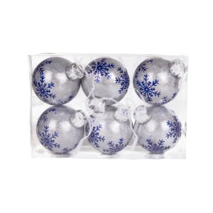 Yılbaşı Ağaç Süsü Yılbaşı Topu Kar taneli 6'lı Paket Gümüş-Lacivert 8 Cm.