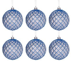 Yılbaşı Süsü, Yılbaşı Topu, Simli, Gümüş-Lacivert - 6'lı Paket, 8 cm
