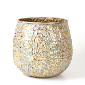 Kabartma Desenli Metal Çiçeklik Saksı Altın Eskitme 37x34,5x37 Cm.