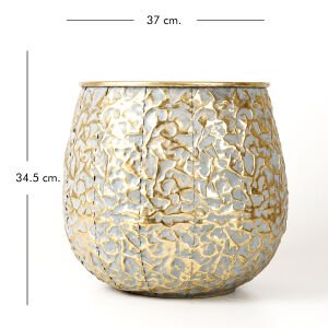 Kabartma Desenli Metal Çiçeklik Saksı Altın Eskitme 37x34,5x37 Cm.
