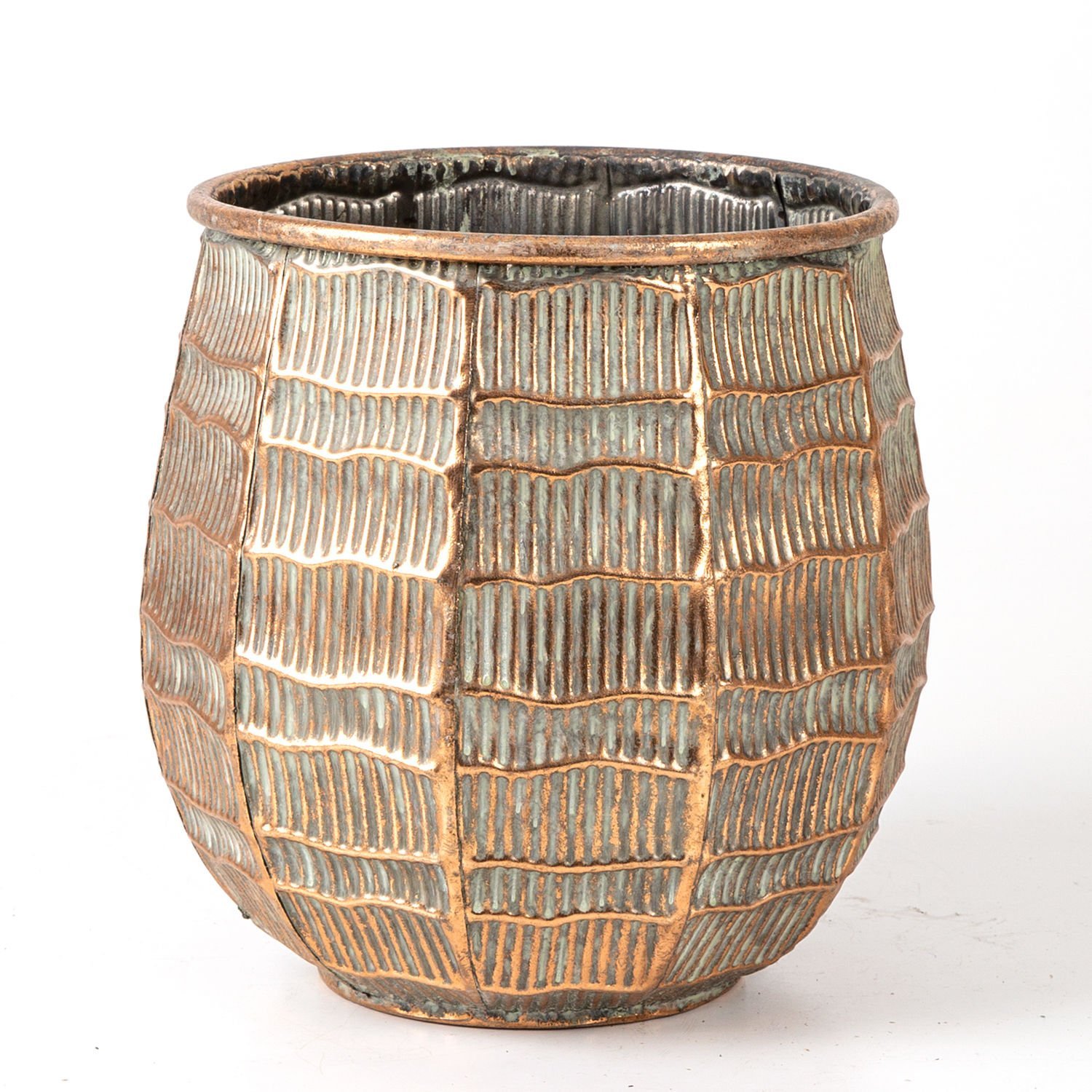 Kabartma Çizgi Desenli Metal Çiçeklik Saksı Bakır Eskitme-Gri 24x23x24 Cm.