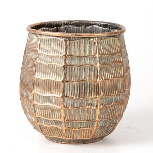 Kabartma Çizgi Desenli Metal Çiçeklik Saksı Bakır Eskitme-Gri 24x23x24 Cm.