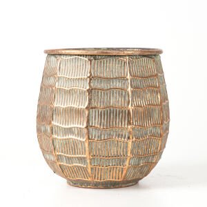 Kabartma Çizgi Desenli Metal Çiçeklik Saksı Bakır Eskitme-Gri 24x23x24 Cm.
