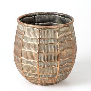 Kabartma Çizgi Desenli Metal Çiçeklik Saksı Bakır Eskitme-Gri 24x23x24 Cm.