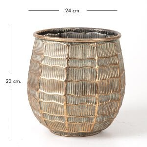 Kabartma Çizgi Desenli Metal Çiçeklik Saksı Bakır Eskitme-Gri 24x23x24 Cm.