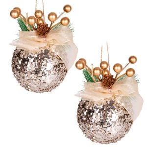 Yılbaşı Süsü, Yılbaşı Topu, Yılbaşı Dekorlu, Şampanya - 2'li Set, 10 cm