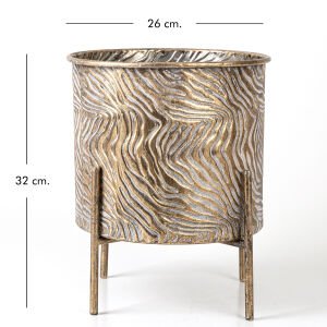 Dalga Desenli Ayaklı Silindir Metal Çiçeklik Saksı Altın Eskitme 26x32,5 Cm.