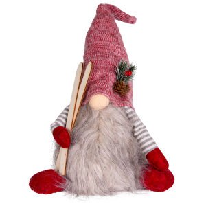 Yılbaşı Süsü Noel Baba Kayak Takımlı Işıklı Kırmızı-Gri 22x16x45 Cm.